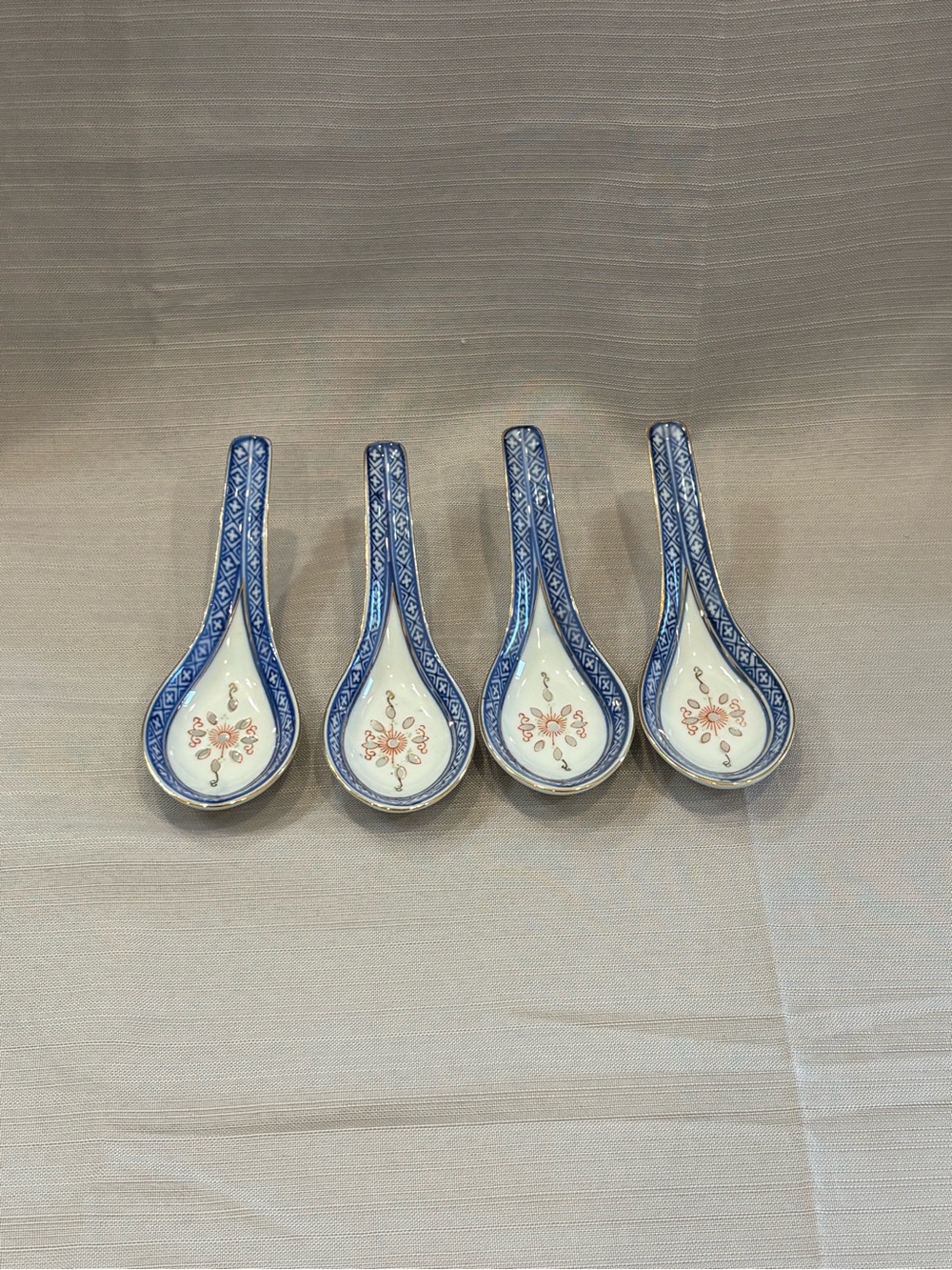 Vintage Blue and White Porcelain Asian Soup Spoon Set - Pack of 4